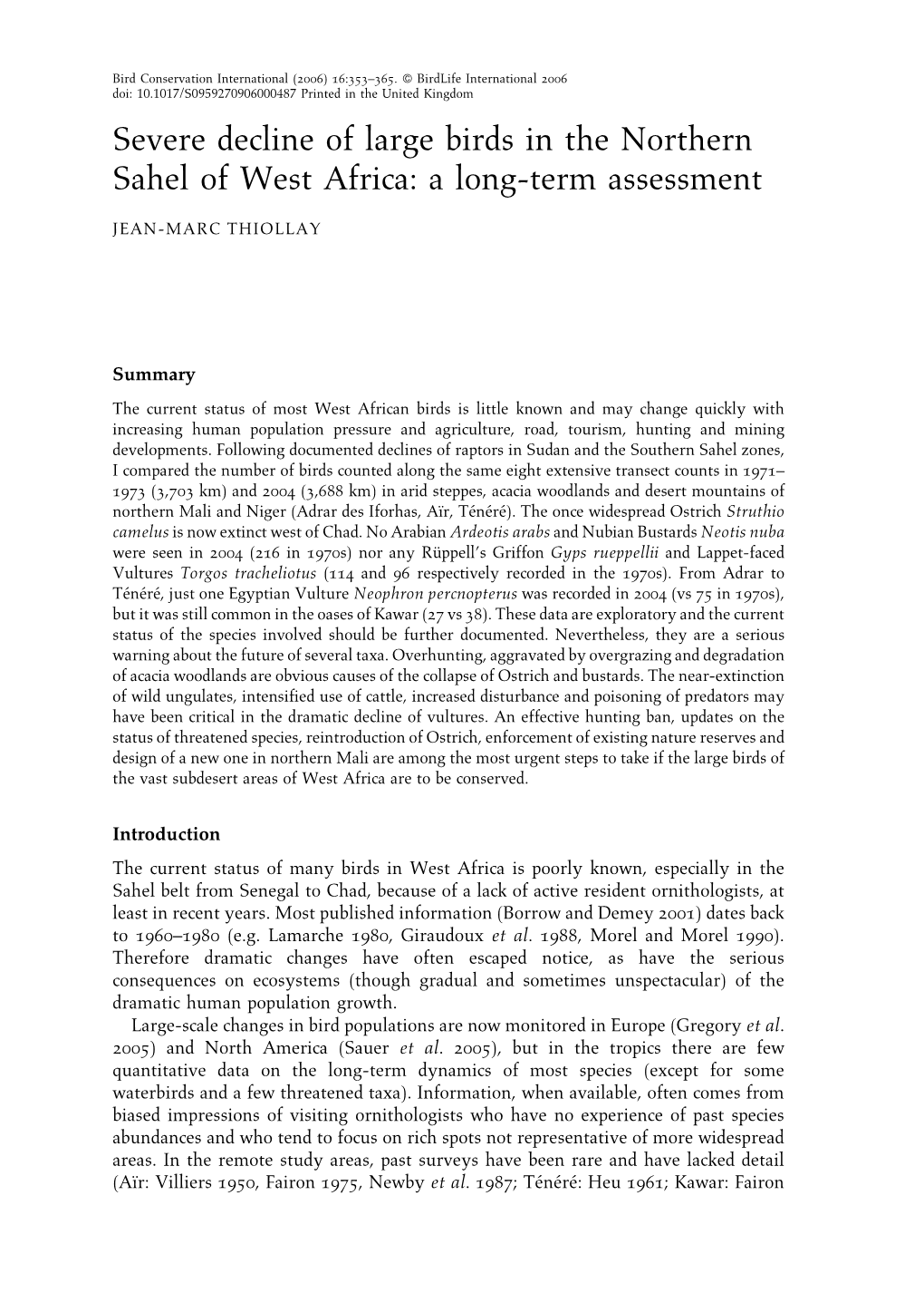 Severe Decline of Large Birds in the Northern Sahel of West Africa: a Long-Term Assessment