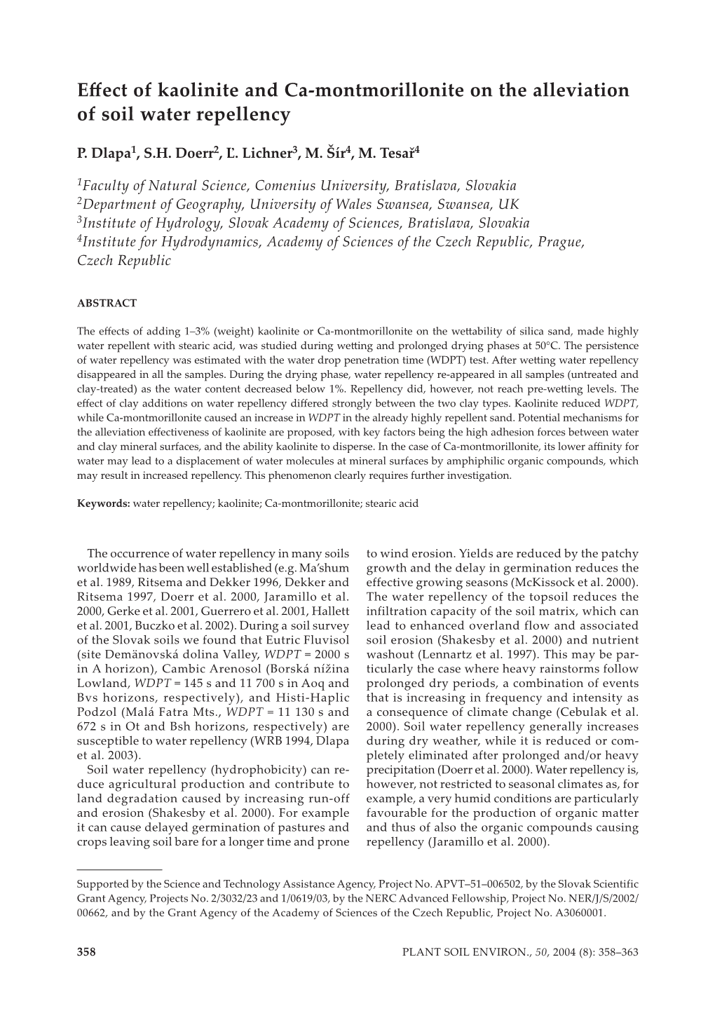 Effect of Kaolinite and Ca-Montmorillonite on the Alleviation of Soil Water Repellency