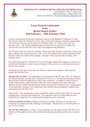 Losar Festival Celebration from Barom Kagyu Sydney 12Th February – 16Th February 2018