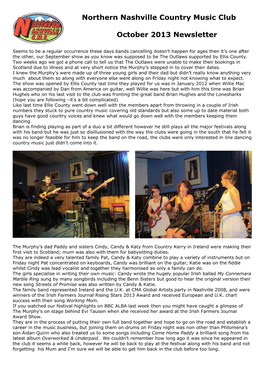 Northern Nashville Country Music Club October 2013 Newsletter