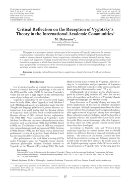 Critical Reflection on the Reception of Vygotsky's Theory in The