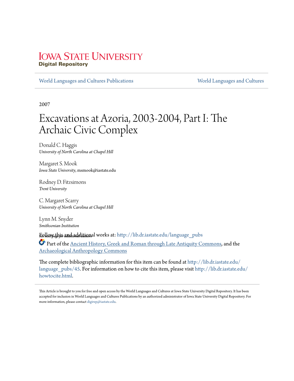 Excavations at Azoria, 2003-2004, Part I: the Archaic Civic Complex Donald C