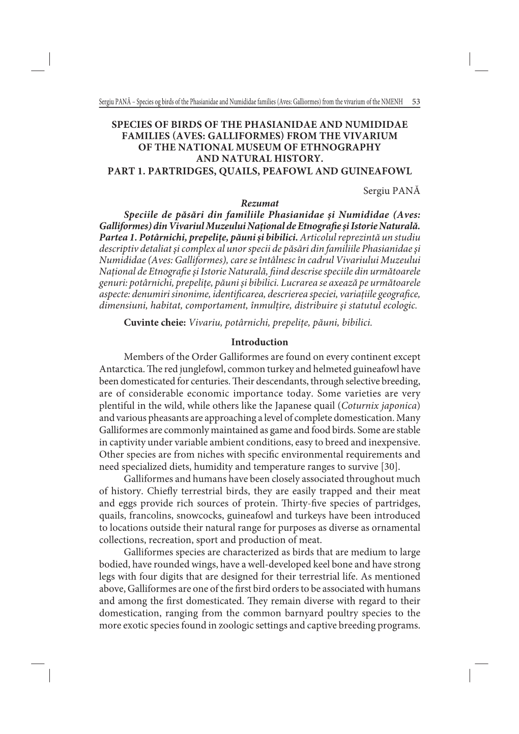 Species Og Birds of the Phasianidae and Numididae Families (Aves: Galliormes) from the Vivarium of the NMENH 53