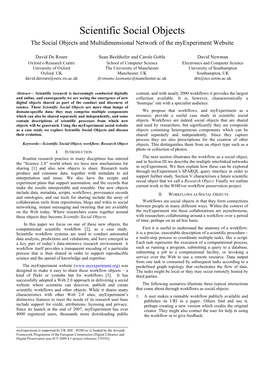 Scientific Social Objects the Social Objects and Multidimensional Network of the Myexperiment Website