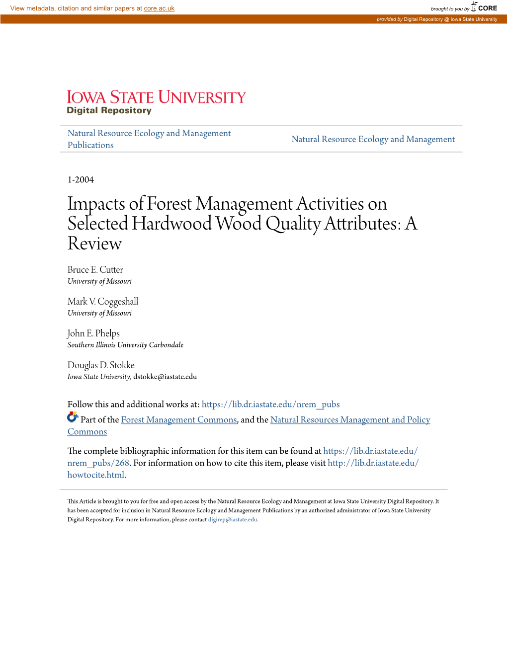 Impacts of Forest Management Activities on Selected Hardwood Wood Quality Attributes: a Review Bruce E