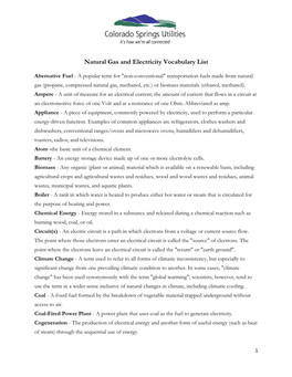 Electricity and Natural Gas Classroom Presentation Vocabulary List