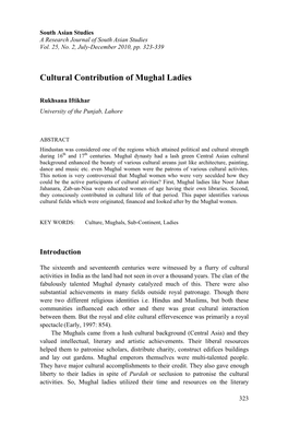 Dr. Rukhsana Iftikhar,; Cultural Contribution of Mughal Ladies, South Asian Studies