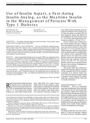 Use of Insulin Aspart, a Fast-Acting Insulin Analog, As the Mealtime Insulin in the Management of Patients with Type 1 Diabetes