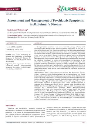 Assessment and Management of Psychiatric Symptoms in Alzheimer’S Disease