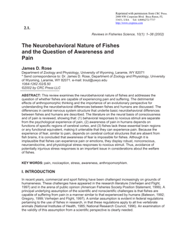 The Neurobehavioral Nature of Fishes and the Question of Awareness and Pain