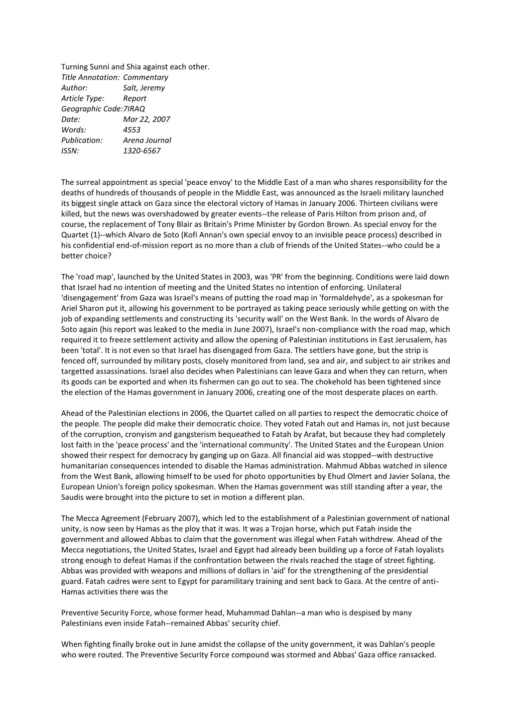 Turning Sunni and Shia Against Each Other. Title Annotation: Commentary