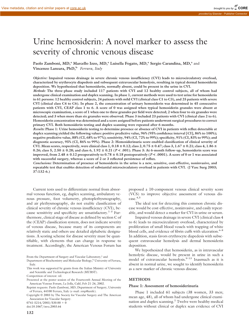 Urine Hemosiderin: a Novel Marker to Assess the Severity of Chronic Venous Disease