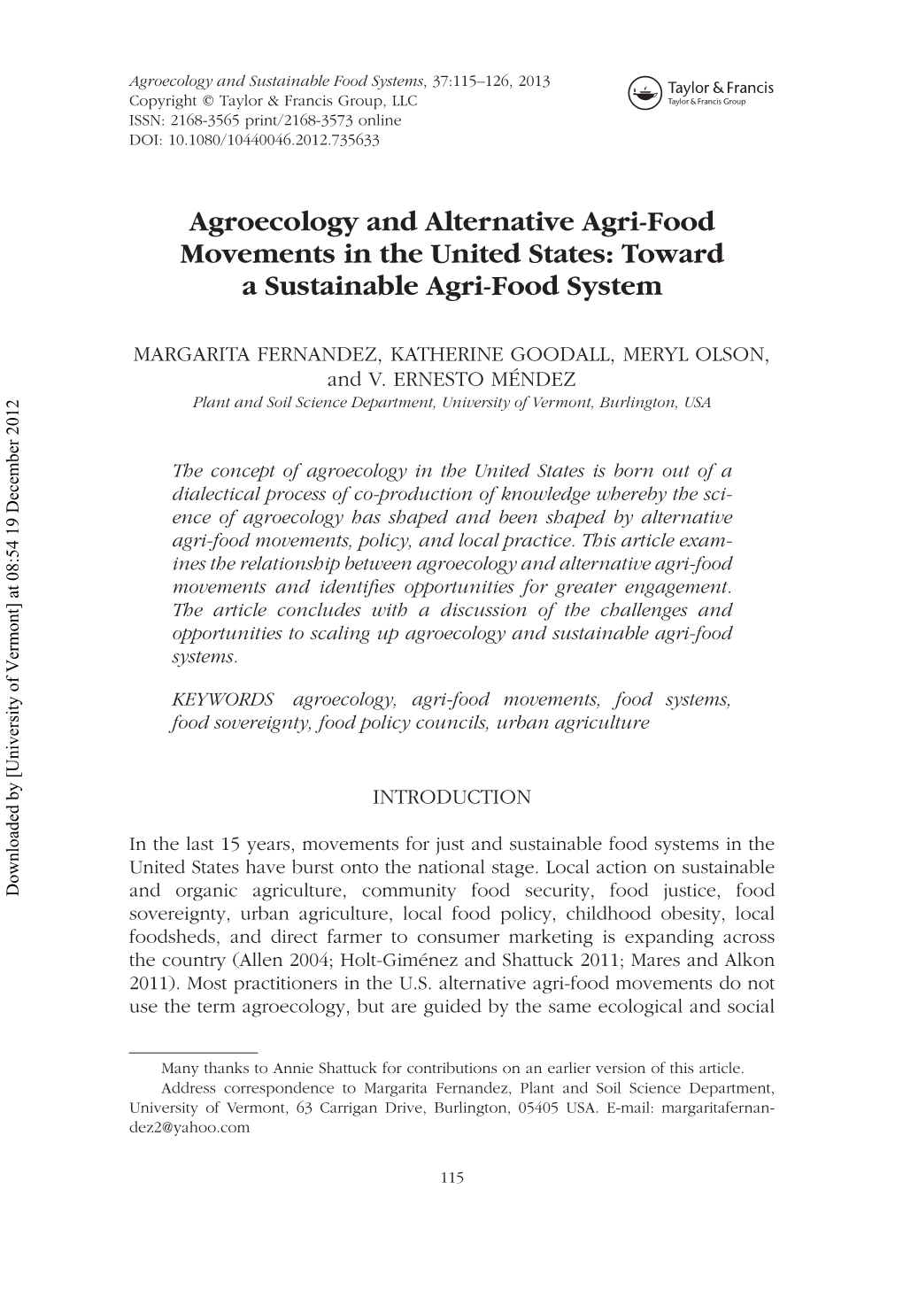 Agroecology and Alternative Agri-Food Movements in the United States: Toward a Sustainable Agri-Food System