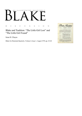 Blake and Tradition: “The Little Girl Lost” and “The Little Girl Found”