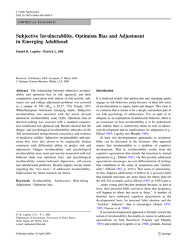 (2010). Subjective Invulnerability, Optimism Bias and Adjustment In