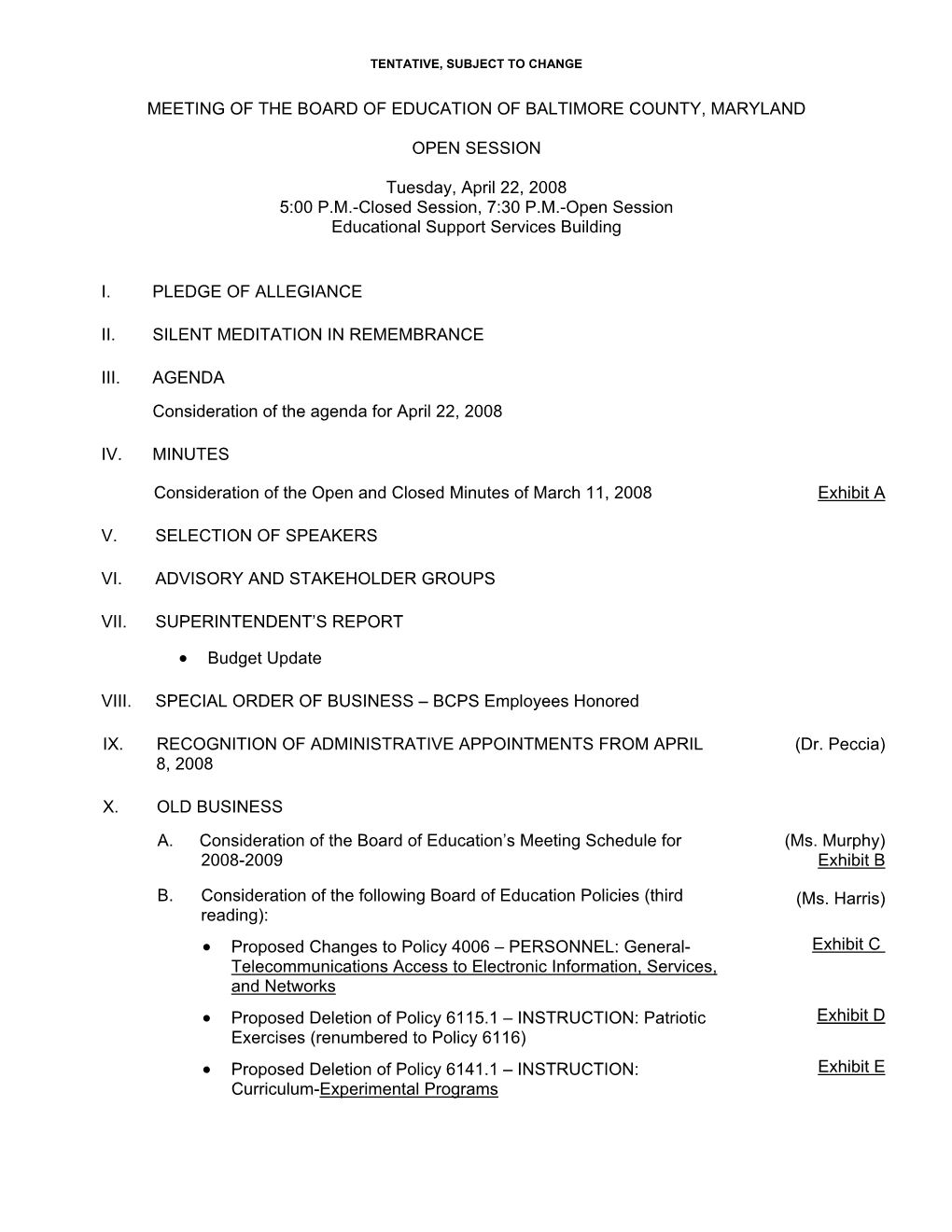 Board of Education Meeting Packet for April 22, 2008