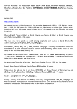 Roy De Maistre: the Australian Years 1894-1930, 1988, Heather Melrose Johnson, Heather Johnson, Roy De Maistre, 0947131116, 9780947131111, Craftsman House, 1988