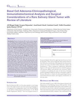 Basal Cell Adenoma‑Clinicopathological, Immunohistochemical Analysis and Surgical Considerations of a Rare Salivary Gland Tumor with Review of Literature