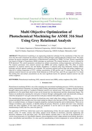 Multi Objective Optimization of Photochemical Machining for ASME 316 Steel Using Grey Relational Analysis