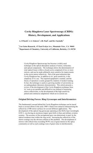 Cavity Ringdown Laser Spectroscopy (CRDS): History, Development, and Applications