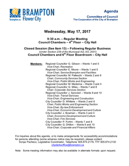 Committee of Council Agenda for May 17, 2017