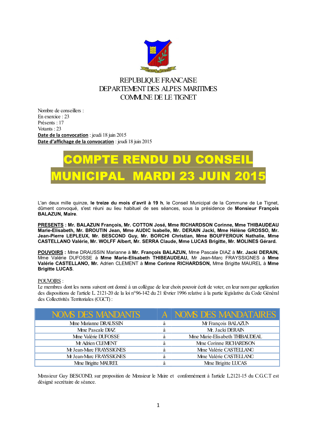 Compte Rendu Du Conseil Municipal Mardi 23 Juin 2015