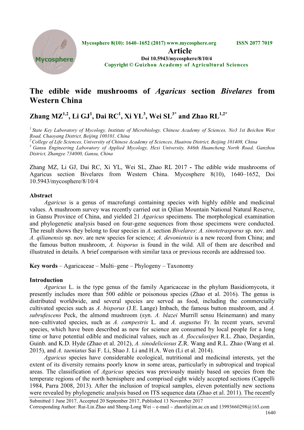 The Edible Wide Mushrooms of Agaricus Section Bivelares from Western China Article