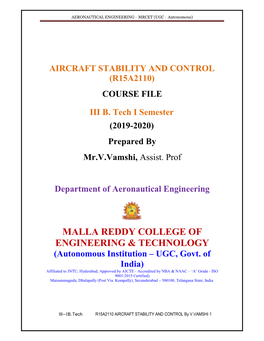 Aircraft Stability and Control (R15a2110) Course File