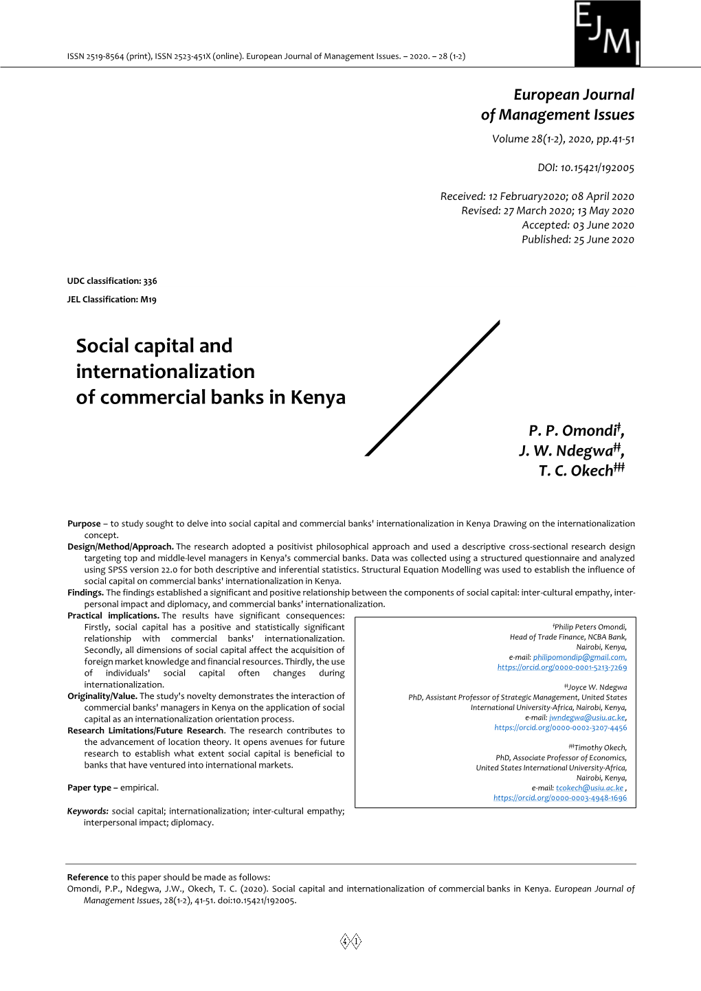 Social Capital and Internationalization of Commercial Banks in Kenya