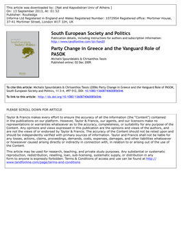 South European Society and Politics Party Change in Greece And