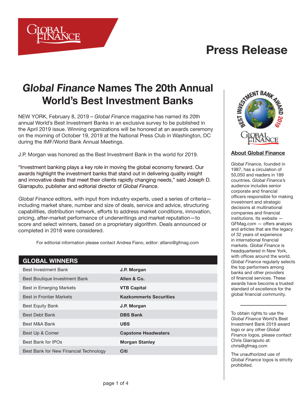 Global Finance Names the World's Best Investment Banks 2019