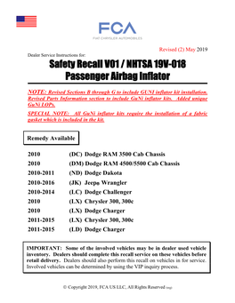 Safety Recall V01/ NHTSA 19V-018 Passenger Airbag Inflator
