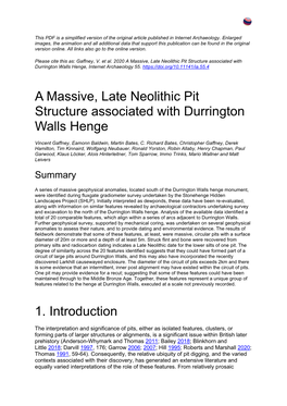 A Massive, Late Neolithic Pit Structure Associated with Durrington Walls Henge, Internet Archaeology 55