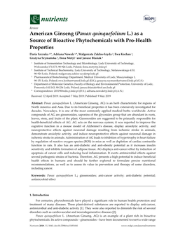 American Ginseng (Panax Quinquefolium L.) As a Source of Bioactive Phytochemicals with Pro-Health Properties