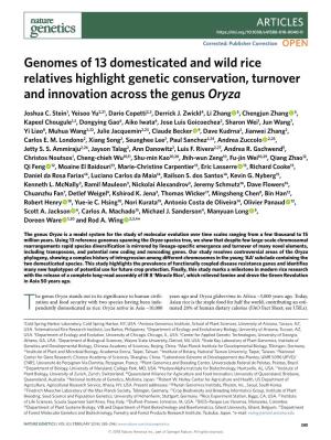 Genomes of 13 Domesticated and Wild Rice Relatives Highlight Genetic Conservation, Turnover and Innovation Across the Genus Oryza