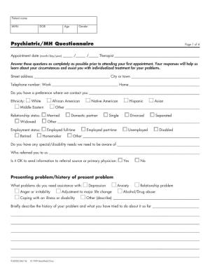 Psychiatric/MH Questionnaire Page 1 of 4