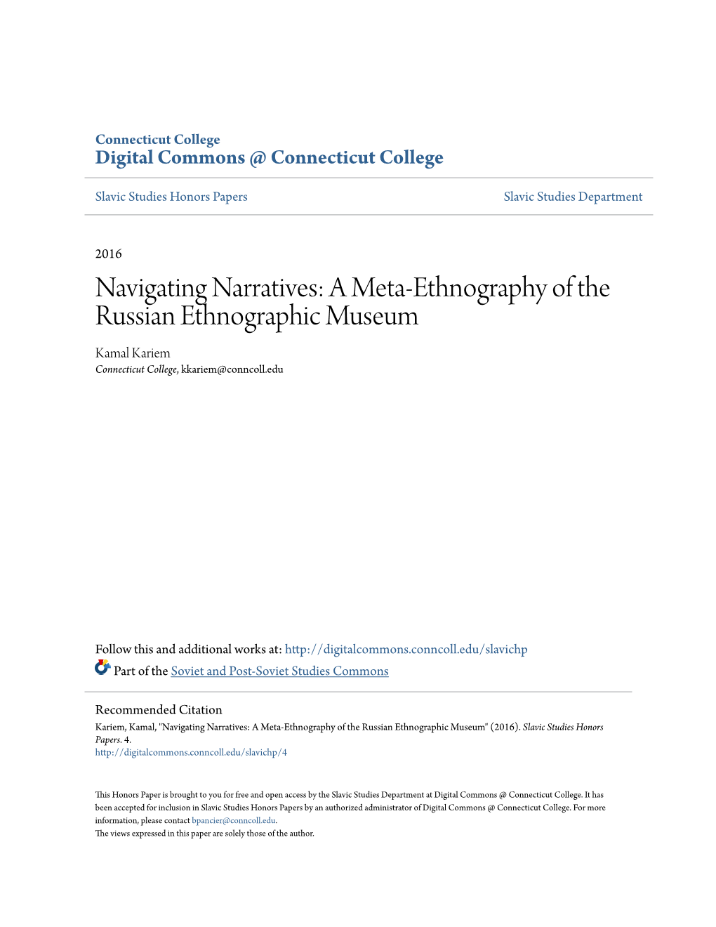 A Meta-Ethnography of the Russian Ethnographic Museum Kamal Kariem Connecticut College, Kkariem@Conncoll.Edu