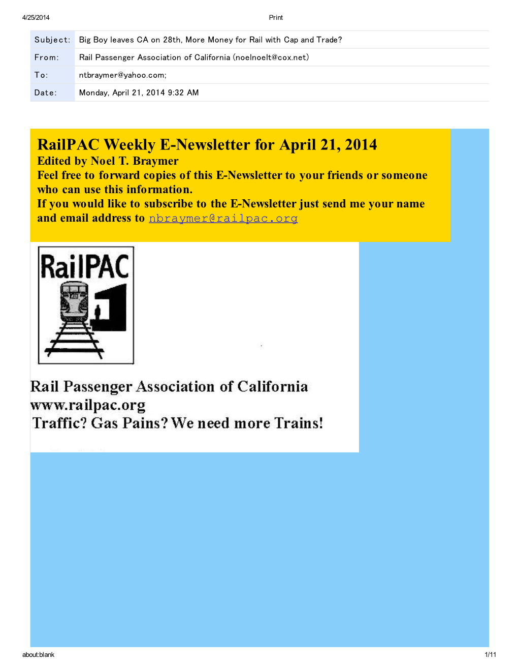 Railpac Weekly E-Newsletter for April 21, 2014 Edited by Noel T