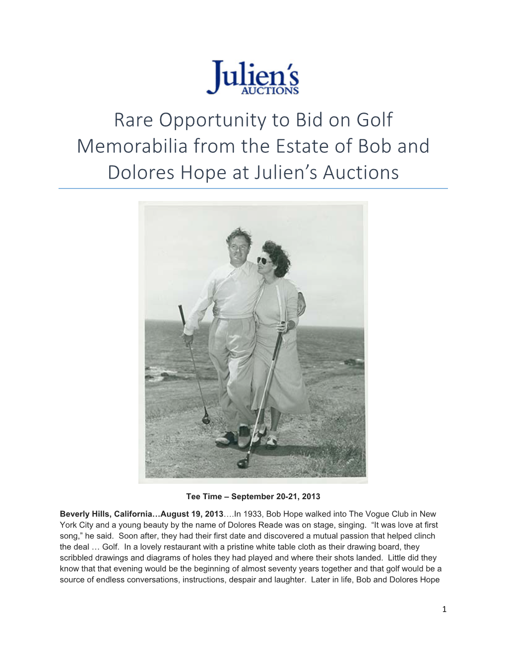 Rare Opportunity to Bid on Golf Memorabilia from the Estate of Bob and Dolores Hope at Julien’S Auctions
