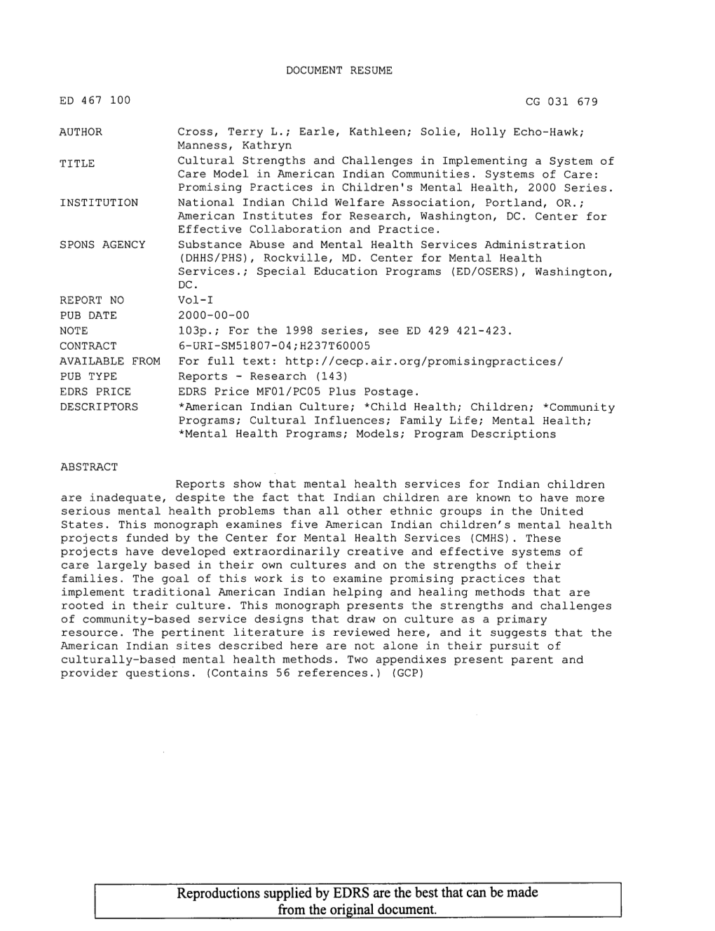 Cultural Strengths and Challenges in Implementing a System of Care Model in American Indian Communities