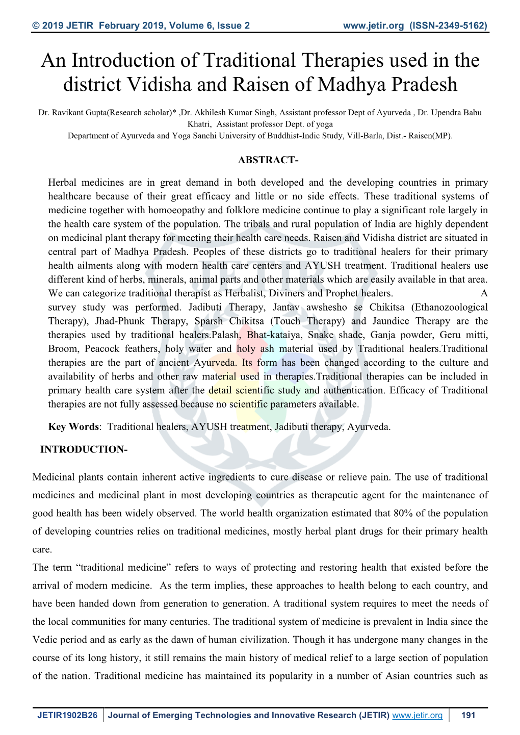 An Introduction of Traditional Therapies Used in the District Vidisha and Raisen of Madhya Pradesh