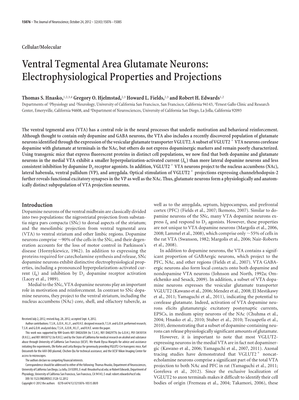 Ventral Tegmental Area Glutamate Neurons: Electrophysiological Properties and Projections