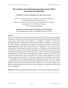 The Synthesis of 16-Dehydropregnenolone Acetate (DPA) from Potato Glycoalkaloids