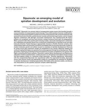 Sipuncula: an Emerging Model of Spiralian Development and Evolution MICHAEL J