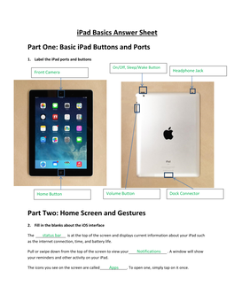 Ipad Basics Answer Sheet Part One: Basic Ipad Buttons and Ports Part Two: Home Screen and Gestures
