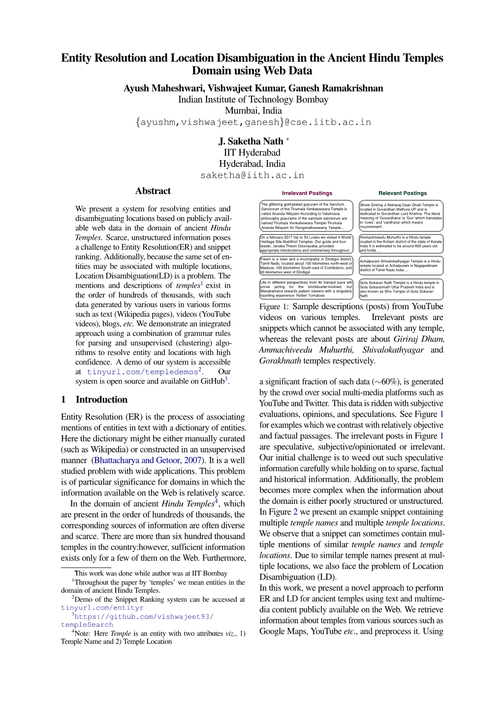 Entity Resolution and Location Disambiguation in the Ancient Hindu Temples Domain Using Web Data