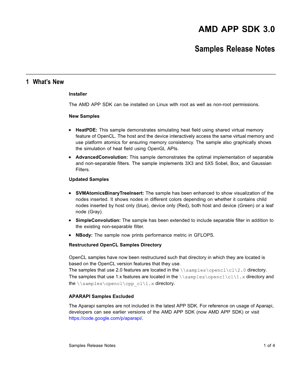 AMD APP SDK 3.0 Samples Release Notes Document