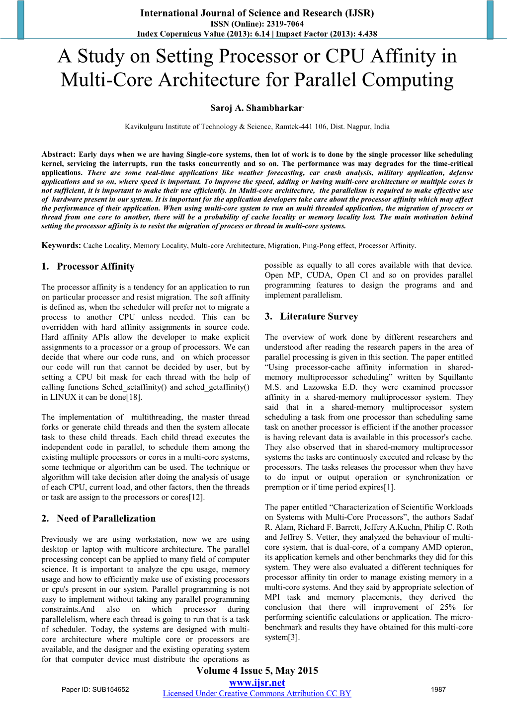 A Study on Setting Processor Or CPU Affinity in Multi-Core Architecture For