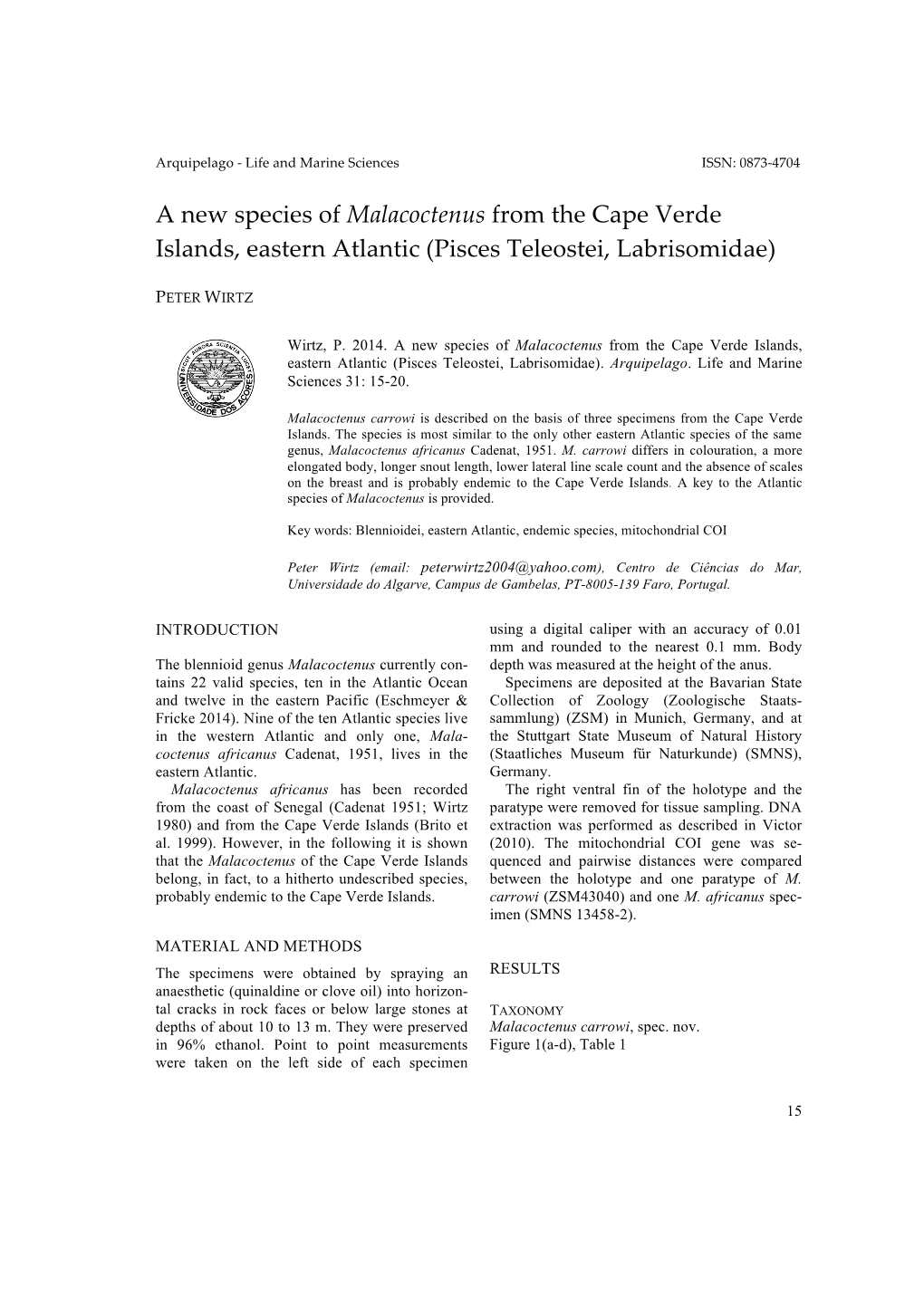 A New Species of Malacoctenus from the Cape Verde Islands, Eastern Atlantic (Pisces Teleostei, Labrisomidae)