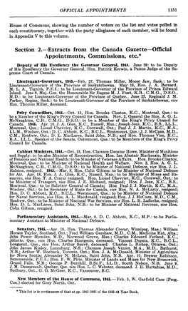 Section 2.—Extracts from the Canada Gazette—Official Appointments, Commissions, Etc.* Deputy of His Excellency the Governor General, 1944